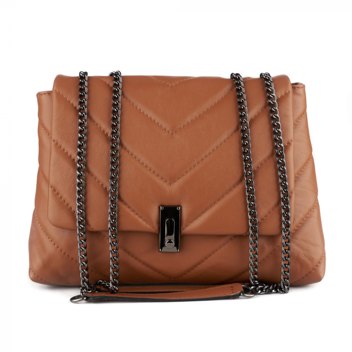 Geantă Kassya, piele naturala matlasata coniac, bareta lant argintiu antic, 8189 [2]