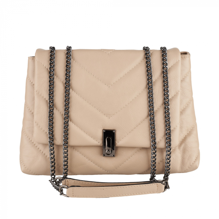 Geantă Kassya, piele naturala matlasata crem, bareta lant argintiu antic, 8189 [2]