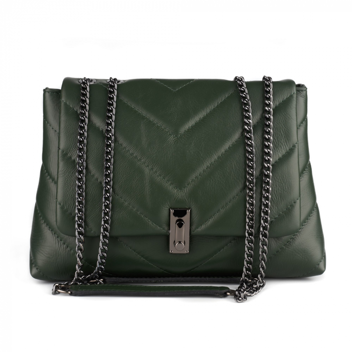 Geantă Kassya, piele naturala matlasata verde, bareta lant argintiu antic, 8189 [2]