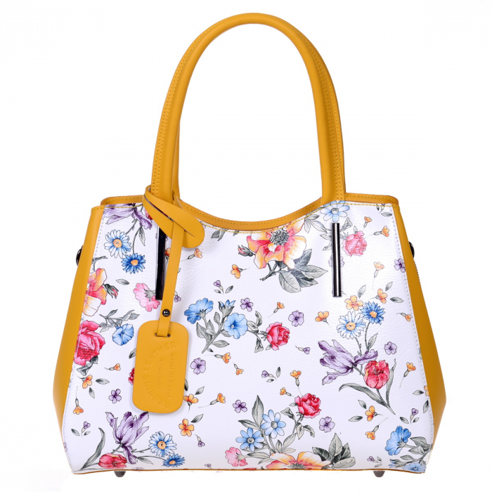 Geanta multicolora, pereti laterali coniac medie cu elemente florale 8041 [2]