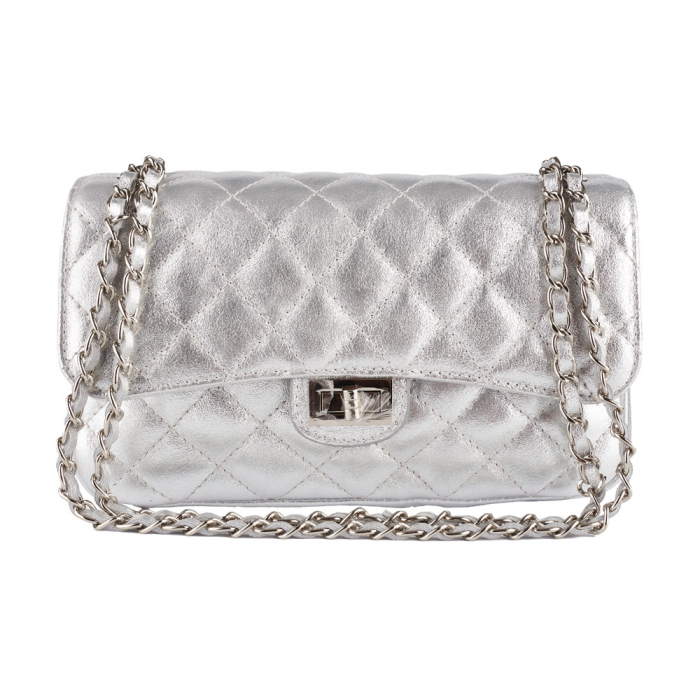 Geantă Patricia, crossbody piele argintiu sidefat cu aspect matlasat 8002 [2]