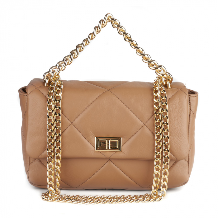 Geantă Rayssa, piele naturala matlasata taupe, bareta metalica aurie, 8182 [2]