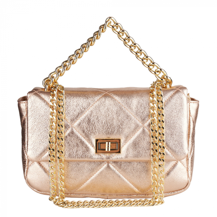 Geantă Rayssa, piele naturala matlasata roz metalic, bareta metalica aurie, 8182 [2]