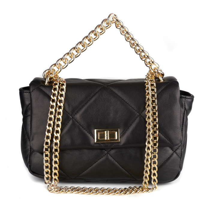 Geantă Rayssa, piele naturala matlasata neagra, bareta metalica aurie, 8182 [2]