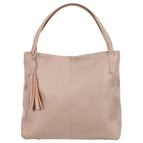 Geantă nude din piele naturală cu barete duble și accesoriu din piele - 8026 [2]