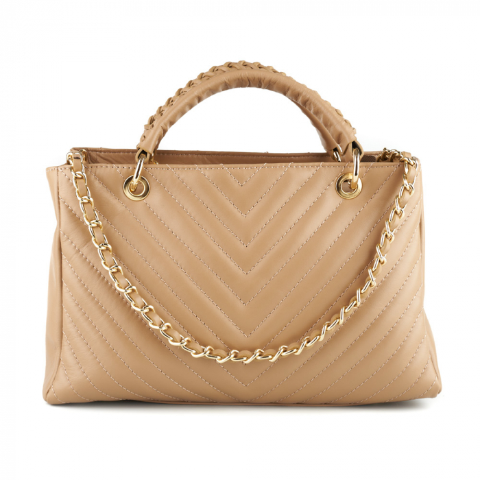 Geantă Maya, piele naturală taupe deschis cu lant metalic auriu, 8126 [2]