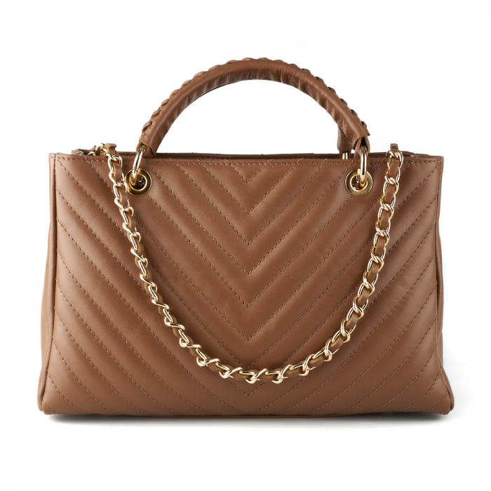 Geantă Maya, piele naturală taupe inchis cu lant metalic auriu, 8126 [2]