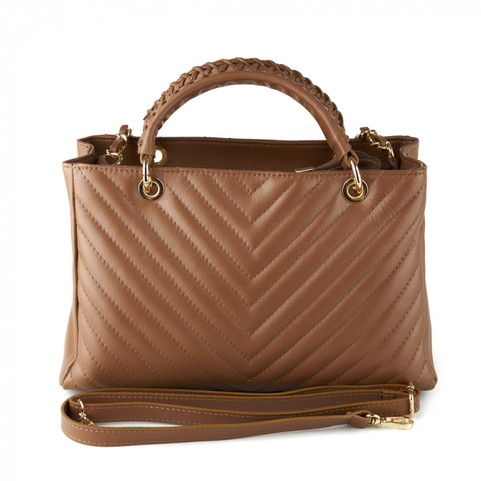 Geantă Maya, piele naturală taupe inchis cu lant metalic auriu, 8126 [3]