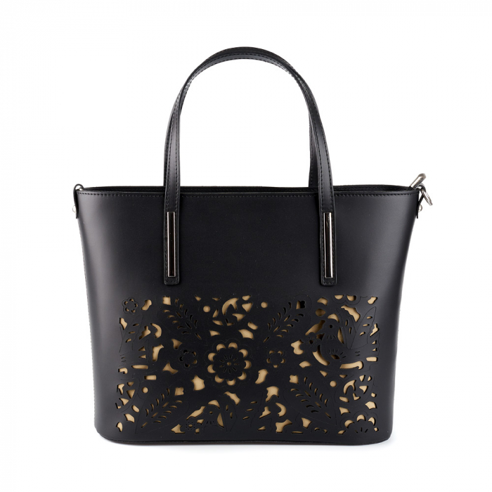 Geantă din piele naturală cu model laser-cut negru crem 8031 [2]