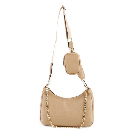 Genți Moderne - Geantă Lily, piele naturală taupe deschis cu portofel exterior detasabil, lant metalic auriu, 8187