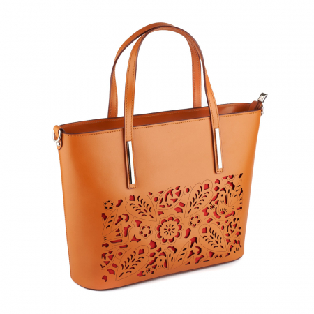 Culori Genți - Geantă Priscilla, din piele naturală cu model laser-cut caramel 8031