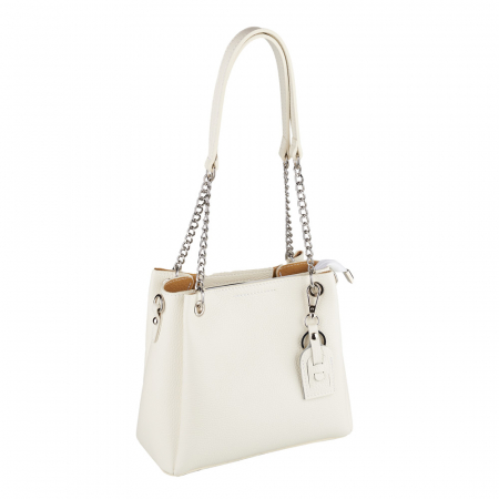 Genți Mici - Geantă Calina, piele naturală crem, lant metalic argintiu, 8175