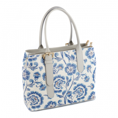 Genți de Mână - Geanta Marysa, piele naturala gri deschis cu elemente florale 8151