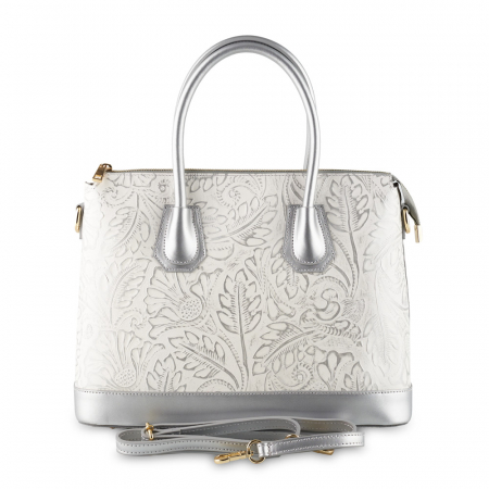 Geanta Jade, argintie din piele naturala cu elemente florale 8123 [2]