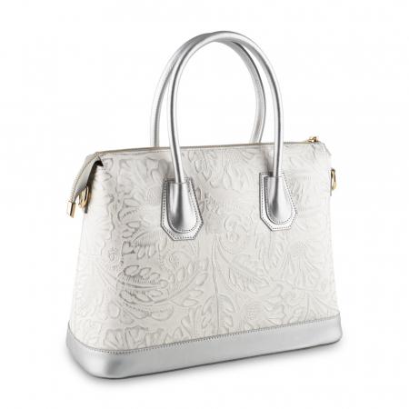 Genți Moderne - Geanta Jade, argintie din piele naturala cu elemente florale 8123