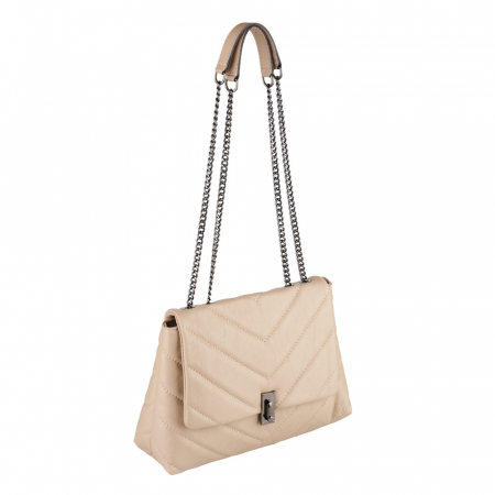 Genți Mici - Geantă Kassya, piele naturala matlasata crem, bareta lant argintiu antic, 8189