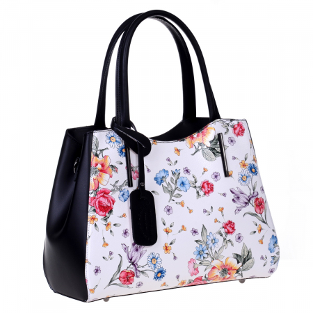 Genți Moderne - Geanta multicolora, pereti laterali negri medie cu elemente florale 8040