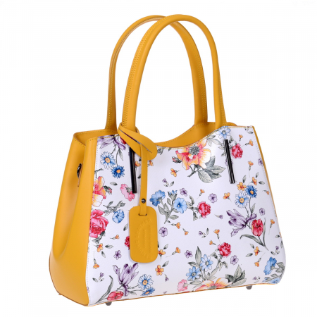Genți Office - Geanta multicolora, pereti laterali coniac medie cu elemente florale 8041
