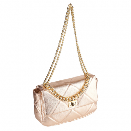 Genți de Mână - Geantă Rayssa, piele naturala matlasata roz metalic, bareta metalica aurie, 8182