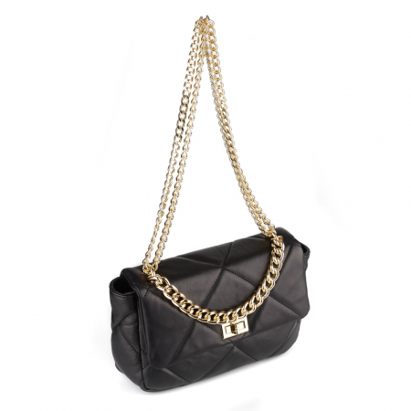 Genți Moderne - Geantă Rayssa, piele naturala matlasata neagra, bareta metalica aurie, 8182