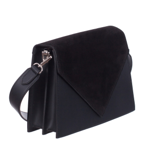 Genți Casual - Geantă din piele cu capac din piele întoarsă neagră cu baretă scurtă 8018