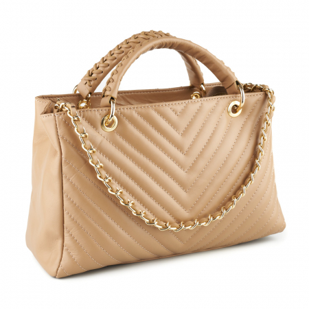 Genți Moderne - Geantă Maya, piele naturală taupe deschis cu lant metalic auriu, 8126