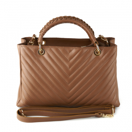 Geantă Maya, piele naturală taupe inchis cu lant metalic auriu, 8126 [2]