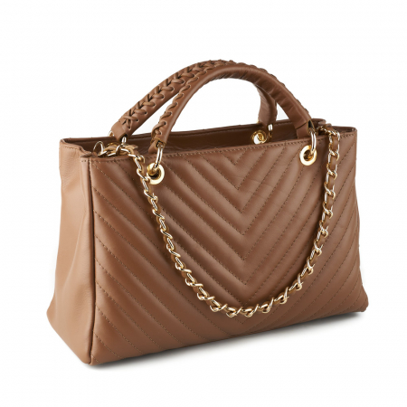 Genți Moderne - Geantă Maya, piele naturală taupe inchis cu lant metalic auriu, 8126