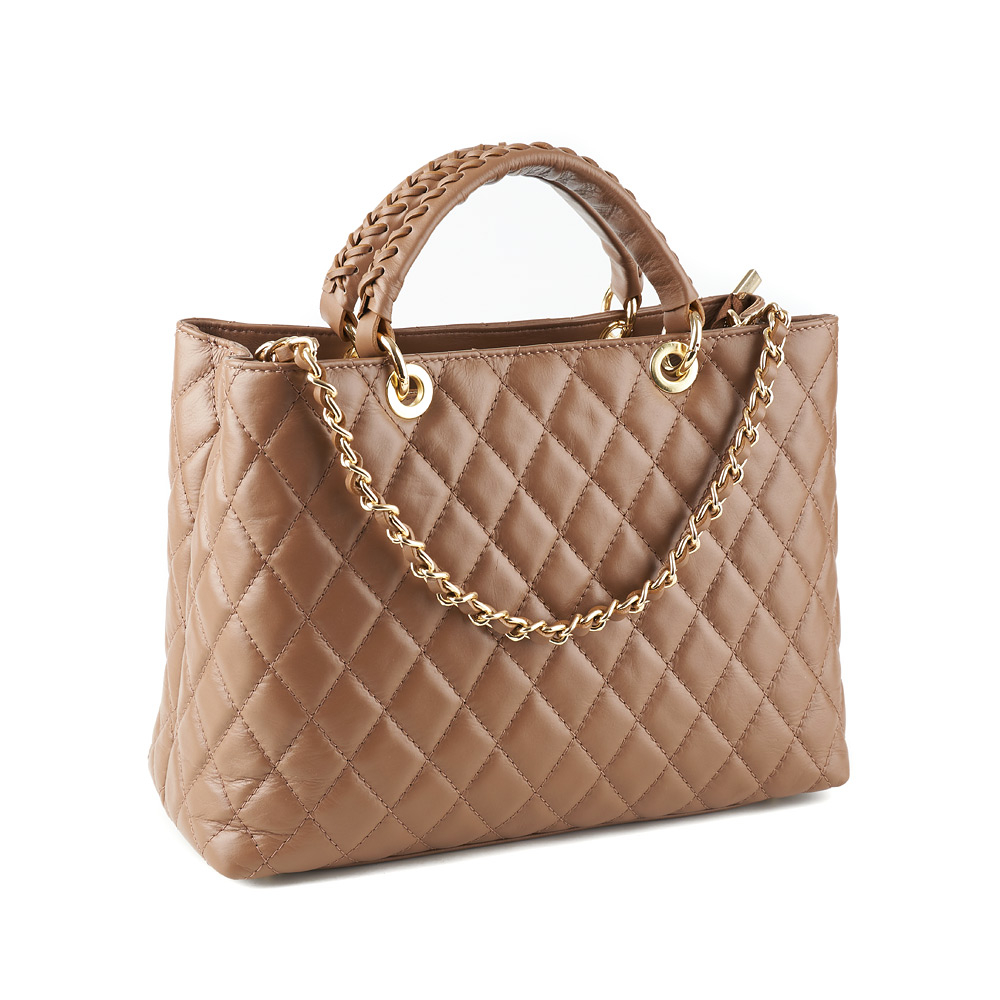 Geantă dama Natalia, piele 100% naturală taupe cu aspect matlasat,lant auriu, 8001