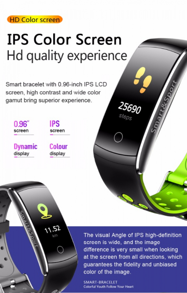 Bratara fitness MoreFIT™ Q8s Pro Color, BT 4.0, heart rate, tensiune, management somn, OLED 0.96 inch, IP68 submersibilia, Negru/Verde [2]