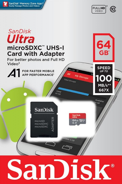 Card de memorie SanDisk Micro SD Ultra, 64GB, Class 10, 100Mb/s, Full HD + Adaptor [1]