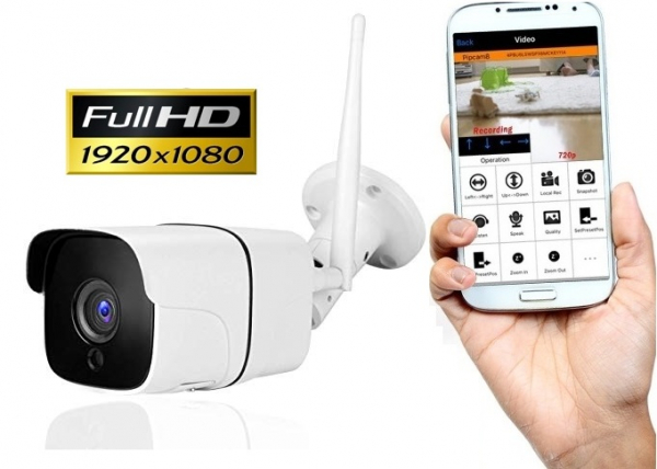 Set Camera de supraveghere exterior IP WIFI BabyToy™ AG09, FullHD 2MP 1080p, Conectare Telefon / PC , Night Vision, rezistenta la apa, senzor miscare, alb + sticker "obiectiv supravegheat video" [1]