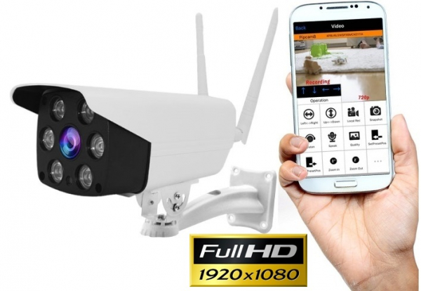 Set Camera de supraveghere IP WIFI BabyToy™ AG02 , Exterior , Conectare Telefon / PC , night vision color, rezistenta la apa, FullHD 1920*1080, camera 2.0 MP, senzor miscare, alb + sticker "obiectiv s [1]