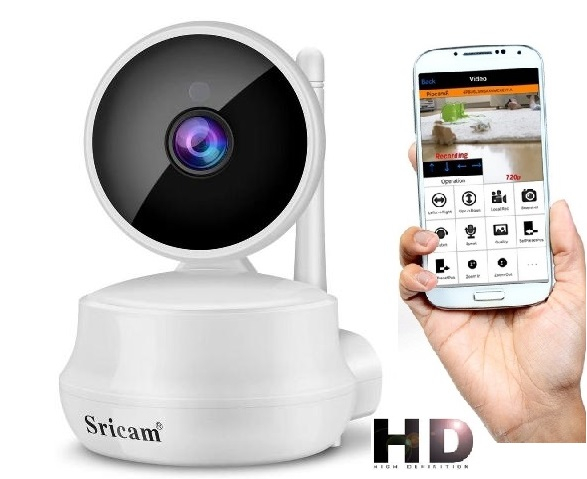 Set Camera de supraveghere IP WIFI Sricam™ SP025 Plus, Conectare Telefon / PC , Night vision, Rotire automata, HD 1280*720, camera 1.0 MP, senzor miscare, alb + sticker "obiectiv supravegheat video" [1]