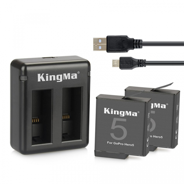 Set Incarcator si Acumulator KingMa pentru Camera sport GoPro + 2 acumulatori 1220 mAh pentru GoPro Hero5/6/7 , negru [1]