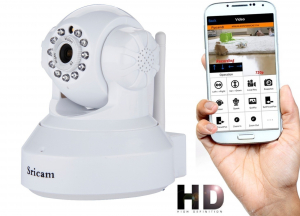 Set Camera de supraveghere IP WIFI Sricam™ SP012 , Conectare Telefon / PC, Night vision, Rotire automata, HD 1280*720, camera 1.0 MP, senzor miscare, alb + sticker "obiectiv supravegheat video" [0]