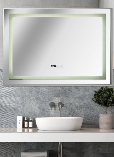 Oglinda baie cu iluminare Led, ceas, dezaburire si buton touch 100x70 cm incadrata in rama aluminiu [1]