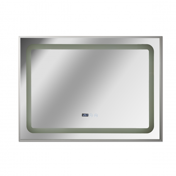 Oglinda baie cu iluminare LED, ceas, dezaburire si buton touch 100x70x3 cm incadrata in rama aluminiu model 2 [1]