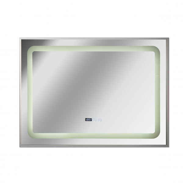 Oglinda baie cu iluminare LED, ceas, dezaburire si buton touch 100x70x3 cm incadrata in rama aluminiu model 2 [2]
