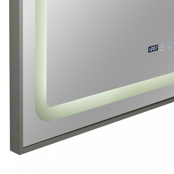 Oglinda baie cu iluminare LED, ceas, dezaburire si buton touch 100x70x3 cm incadrata in rama aluminiu model 2 [5]