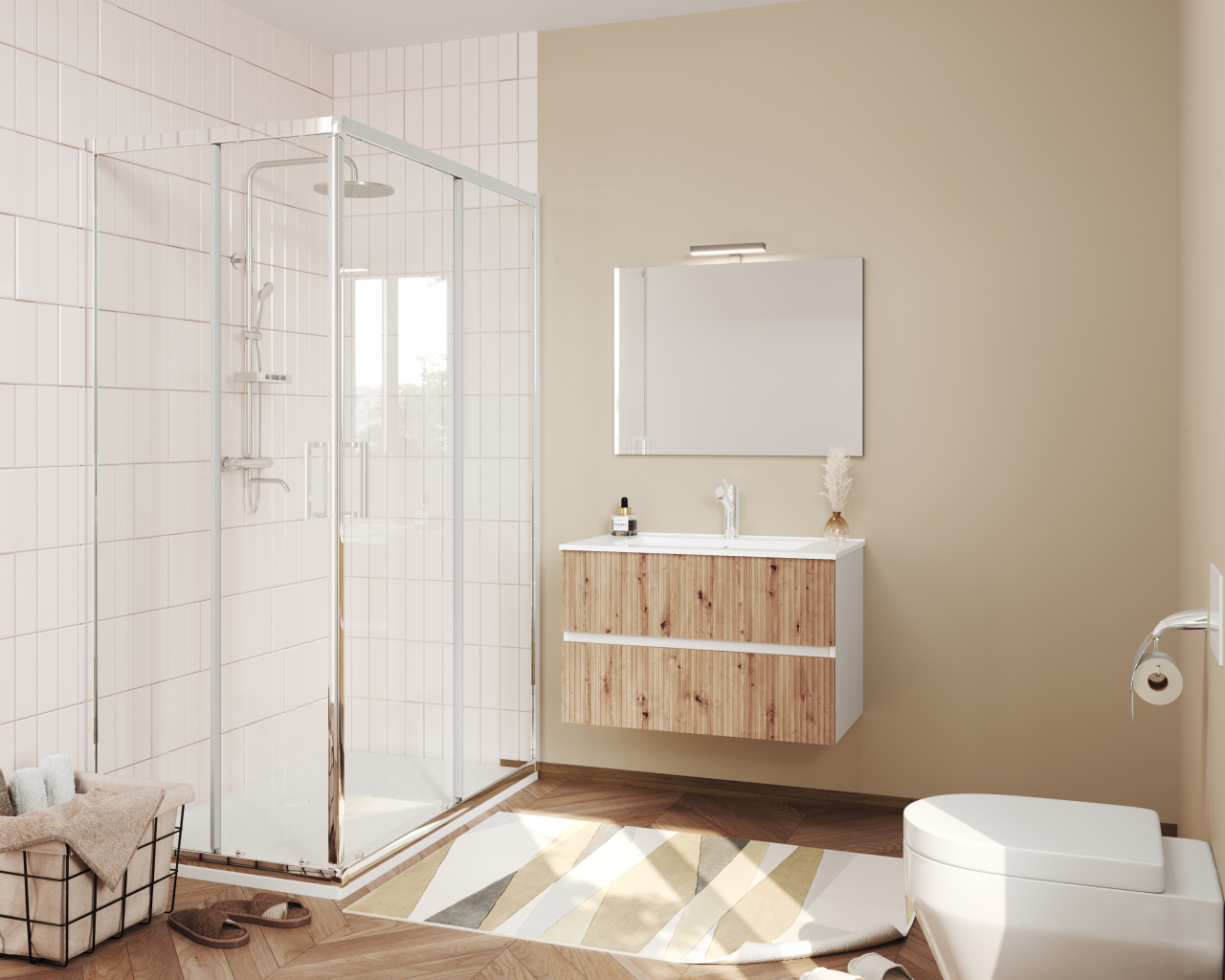 Mobilier baie suspendat,lavoar alb si oglinda lampa led,80 cm,santorini,rovere oro-alb [3]