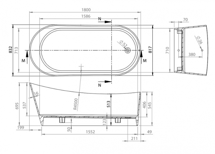 Cada freestanding din compozit Vayer Cetus 1800x832x695, fara preaplin , ventil click-clack crom [8]