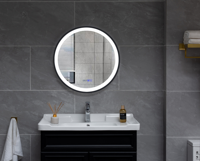 Oglinda Baie 90x90 Rotunda Cu Dezaburire , Ceas si buton touch. Rama Neagra [1]