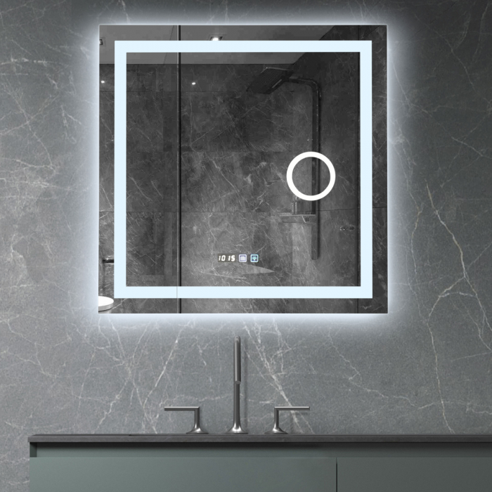 Oglinda baie cu iluminare led,dezaburire,ceas,termometru si lupa, 80X80 cm [1]