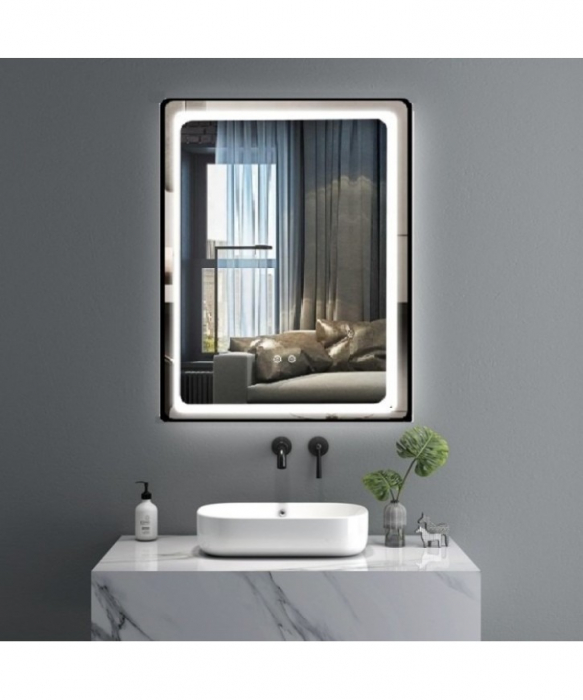 OGLINDA BAIE CU ILUMINARE LED,DEZABURIRE SI RAMA  ALUMINIU NEGRU, 60X80 CM [1]