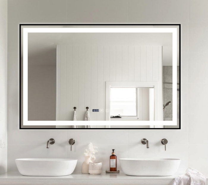 Oglinda Baie Led 100x65  , Dezaburire , Ceas si buton touch. Rama aluminiu Negru mat [1]