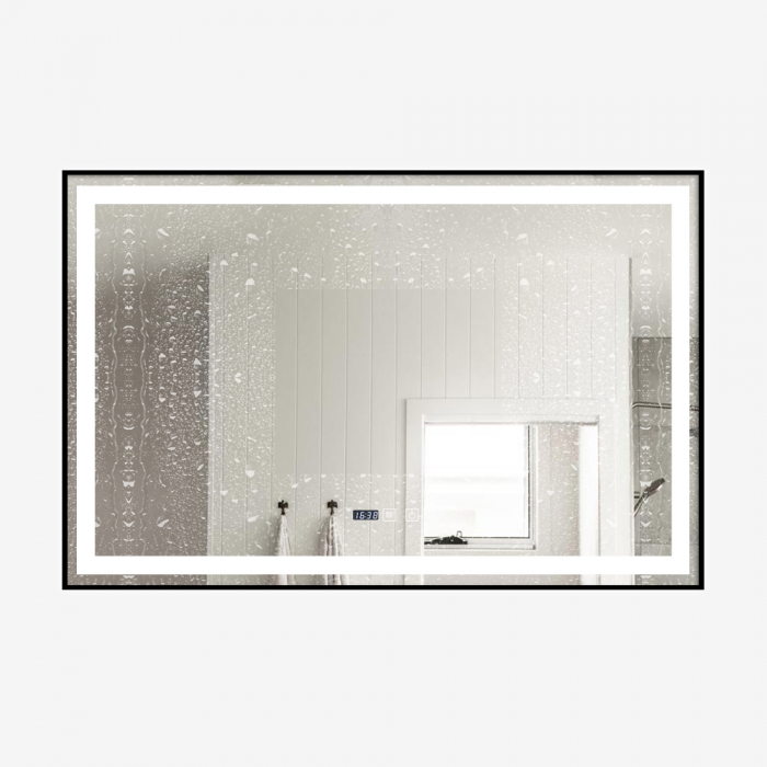 Oglinda Baie Led 100x65  , Dezaburire , Ceas si buton touch. Rama aluminiu Negru mat [2]