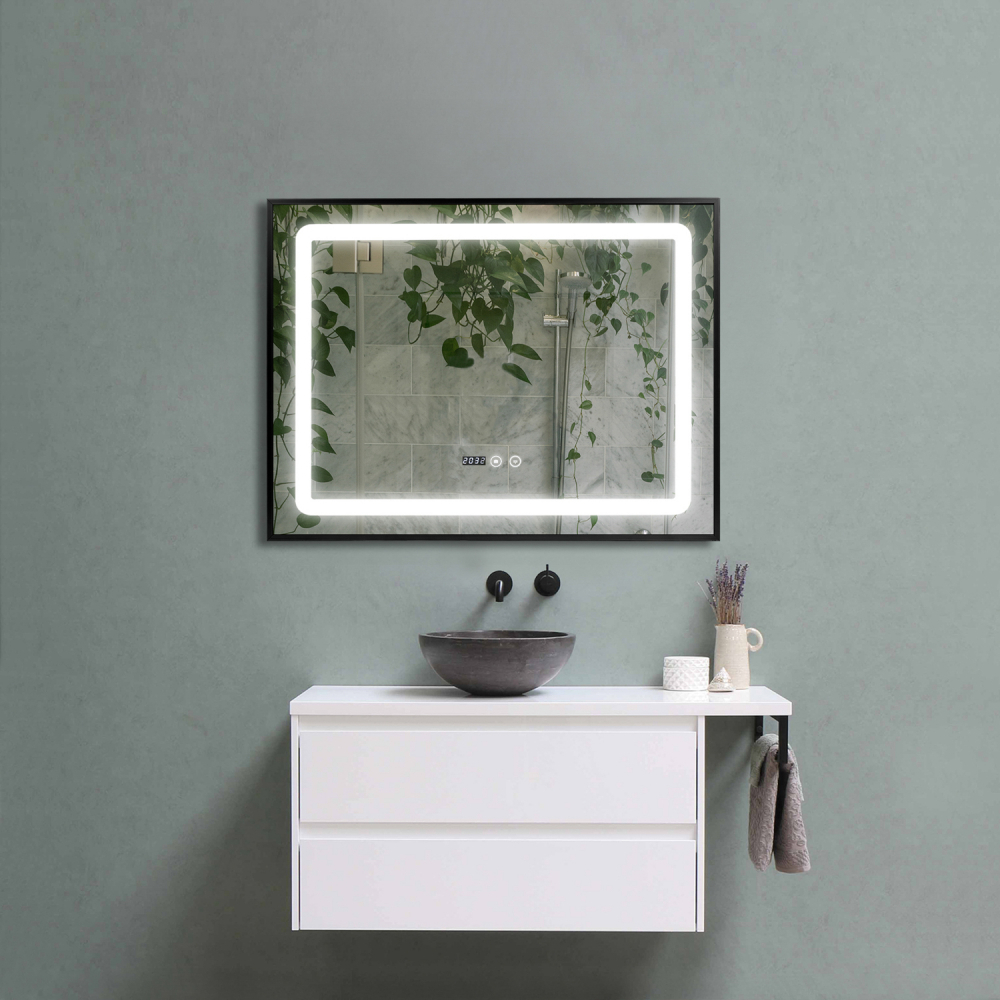 Oglinda baie Led  80x60 cm, dezaburire, ceas si buton touch. Rama negru mat [1]