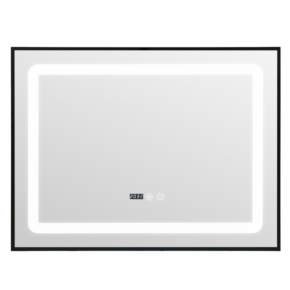 Oglinda baie Led  80x60 cm, dezaburire, ceas si buton touch. Rama negru mat [2]