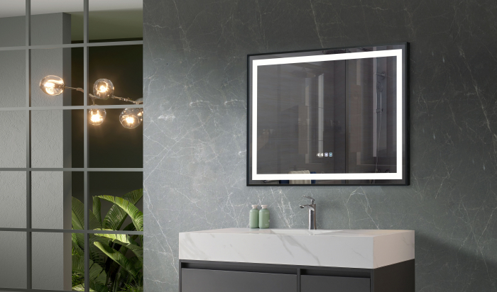 Oglinda baie cu rama aluminiu neagra 1000x700 mm, sistem dezaburire,termometru si ceas cu buton touch. [1]
